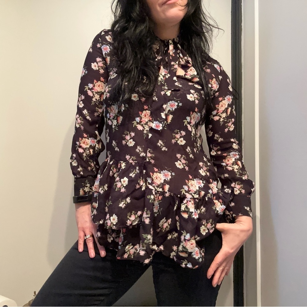 ZARA Floral P*ssy-Bow Blouse – Size Small